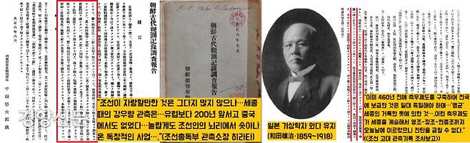 1917년 조선총독부관측소장인 히라타 도쿠타로는  “세종 때의 강우량 관측은 조선인의 뇌리에서 나온 독창적인 사업”이라고 극찬했다. 기상학자 와다 유지도 “측우제도를 구축하여 전국에 보급한 것은 ‘명군’ 세종의 거룩한 뜻에 의한 것”이라고 평가했다.|와다 유지의 ‘조선 고대 관측기록 조사보고’(조선총독부), 1917에서