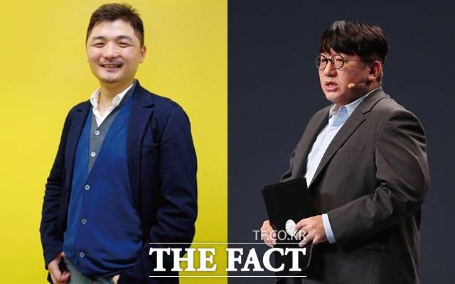 SM엔터테인먼트 인수를 놓고 카카오(김범수·사진왼쪽)와 하이브(방시혁)가 공개매수를 통해 치열한 '쩐의 전쟁'을 벌이고 있다. SM 주총까지 남은 기간동안 SM 경영권 분쟁은 더욱 격해질 것으로 보인다. /더팩트 DB