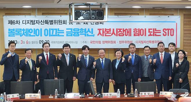 국민의힘 디지털자산특별위원회가 지난 6일 주최한 제6차 민당정 간담회 참석자들이 기념사진을 촬영하고 있다. /뉴스1