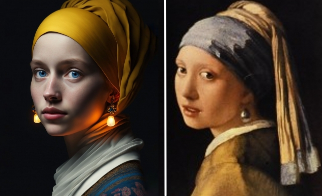요하네스 페르메이르의 ‘진주 귀걸이를 한 소녀’(오른쪽 사진)와 율리안 판디컨의 ‘진주와 함께 있는 나의 소녀’. 마우리츠호이스 미술관·율리안 판디컨 인스타그램 캡처