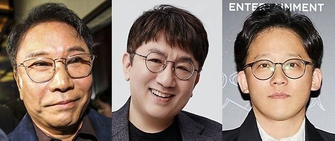 왼쪽부터 이수만 전 SM 총괄, 방시혁 하이브 의장, 이성수 SM 대표. 사진=뉴시스·SM·하이브 제공