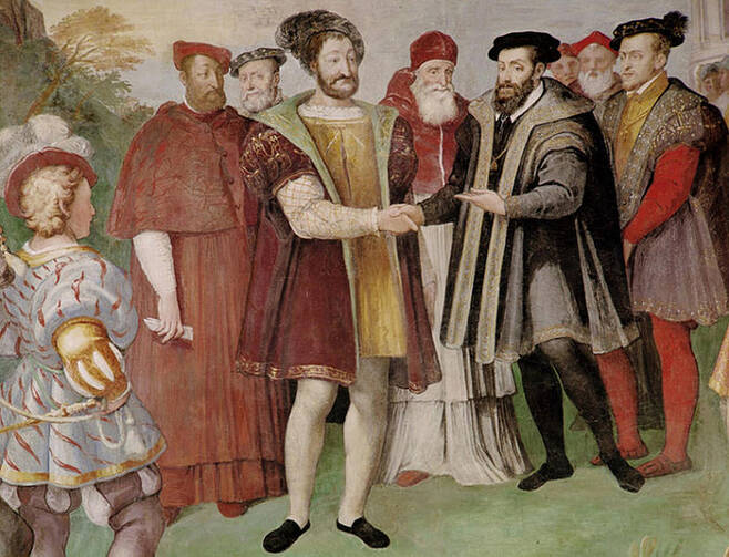 “저는 좀 그렇고, 제 아들 드릴게”. 프랑스의 왕 프랑수아1세(왼쪽 세 번째)는 스페인 합스부르크의 카를5세(왼쪽 다섯번째)와 라이벌이었지만 중요한 전투에서 늘 패배했다. 앙리2세가 포로로 잡히게 된 배경이었다. 그림은 이탈리아 화가 타데오 주카로가 1538년 그린 ‘니스의 휴전’. <사진 출처=위키피디아>