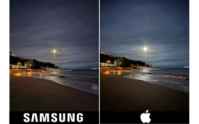 삼성전자 ‘갤럭시S23 울트라’, 애플 ‘아이폰14 프로 맥스’로 찍은 야간 해변 사진. [폰아레나]