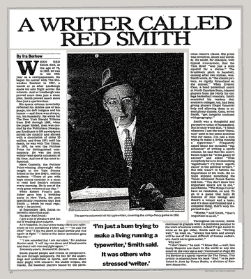 뉴욕타임스 1986년 3월2일자 40면에 한 개면으로 실린 레드 스미스 기자 관련 기사/NYT 캡처