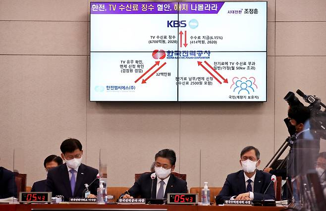 지난 2021년 10월 12일 국회에서 열린 산업통상자원중소벤처기업위원회의 한국전력공사 등에 대한 국정감사에서 정승일(가운데) 한전 사장이 TV 수신료 징수에 관한 질의를 받고 있는 모습. /뉴스1