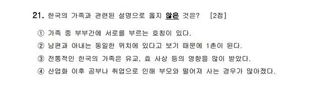 A KINAT sample question asking about the notions related to Korean families (The Justice Ministry)