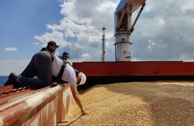 우크라이나산 곡물을 싣고 튀르키예 항구에서 검사를 받고 있는 상선. EPA연합뉴스