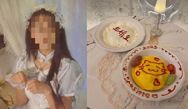 메이드 카페 SNS에 올라온 하녀복 입은 종업원 소개 사진(좌)과 케첩 아트가 그려진 대표 메뉴 오므라이스(우)[이미지출처=메이드 카페 인스타그램 캡처]

.