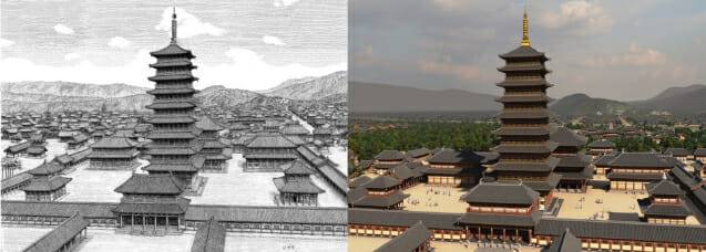 김영택 화백의 황룡사 펜화 작품(왼쪽)과 펜화 기반 황룡사 디지털 복원도(오른쪽).