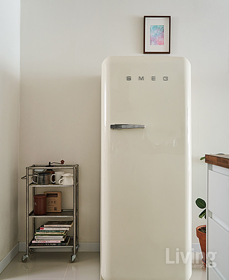 감각적인 디자인으로 인테리어 효과까지 있는 스메그 냉장고. 리퍼브 제품을 저렴하게 구매했다. 트롤리는 당근마켓에서 중고로 득템한 것.