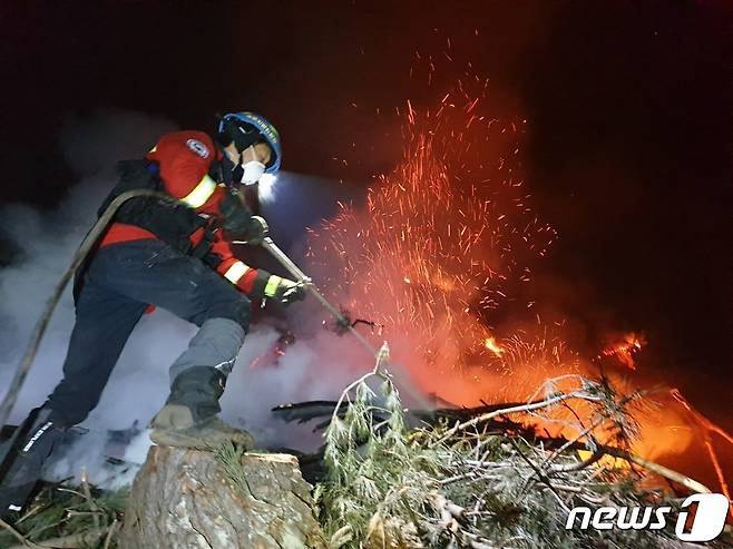 17일 오후 9시21분께 경기도 양주시 광적면 우고리에서 산불재난특수진화대가 야간산불을 진화하고 있다. (산림청 제공) / 뉴스1
