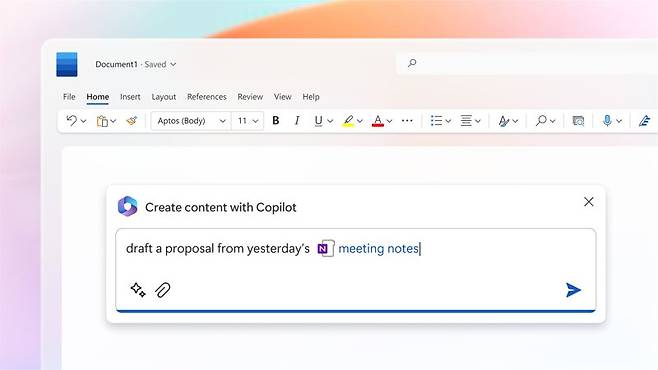 MS 워드에 내장된 코파일럿을 이용하면 AI가 문서를 작성, 편집, 요약해준다. 코파일럿 이용 예시. 한국MS 제공