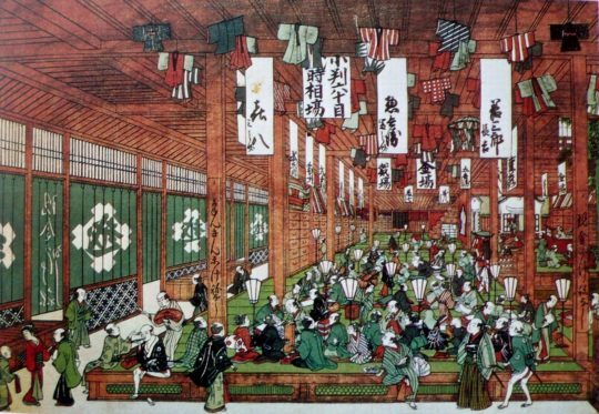 에도시대 옷을 만드는 공장의 모습을 그린 민화. 당시 발달했던 일본의 상업을 잘 보여준다.