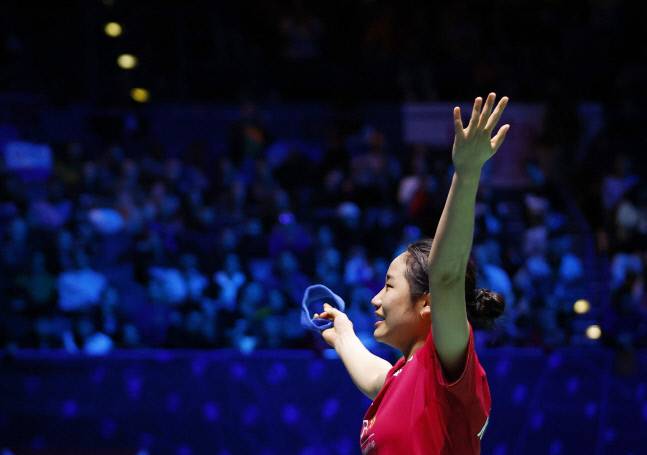 대만의 타이쯔잉을 잡고 결승에 오른 안세영의 환호. 버밍엄|로이터 연합뉴스