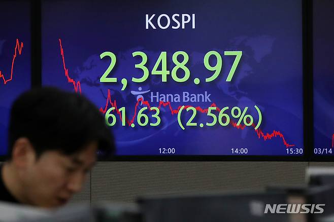 [서울=뉴시스] 조성우 기자 = 서울 중구 하나은행 딜링룸에서 딜러들이 업무를 보고 있다.  2023.03.14. xconfind@newsis.com