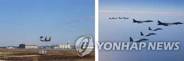 미일, 美전략폭격기 B-1B 참여 공중훈련 동해서 실시 (도쿄=연합뉴스) 미국과 일본이 19일 동해 상공에서 북한의 미사일 발사에 대응해 미군 전략폭격기 B-1B가 참여하는 공중 훈련을 실시했다고 일본 통합막료감부(한국의 합동참모본부)가 밝혔다. 사진은 B-1B 참여 미일 공중훈련 모습. 2023.3.19 [일본 통합막료감부 제공. 재판매 및 DB 금지] photo@yna.co.kr