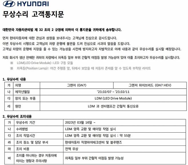 현대차가 차주들에게 발송한 무상수리 고객통지문