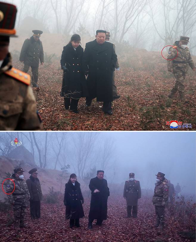 조선중앙통신과 조선중앙TV가 20일 공개한 전술핵 운용부대 훈련 사진을 보면 김정식 군수공업부 부부장(아래)과 장창하 국방과학원장(위)은 군복에 미사일총국 마크(붉은 원)를 달고 있다. 연합뉴스