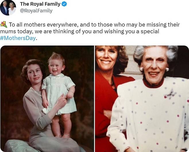 영국&nbsp;‘어머니의 날’(19일)을 맞아 찰스 3세 부부가 SNS에 올린 게시물. 왼쪽은&nbsp;어린 찰스 3세가 어머니 엘리자베스 2세의 품에 안겨 있는 사진, 오른쪽은 젊은 시절의 커밀라 왕비가 어머니 로잘린드 숀드 부인과 함께한 사진이다. ‘로열패밀리’ SNS 캡처