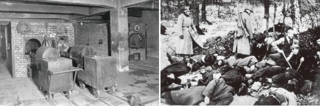 충남 천안시 독립기념관이 폴란드 아우슈비츠 비르케나우 국립박물관과 공동으로 특별기획전을 개최하며 공개한 아우슈비츠 수용소 최초의 가스실 사진(왼쪽). 나치가 유대인을 학살하는 현장. [뉴시스, Gettyimage]