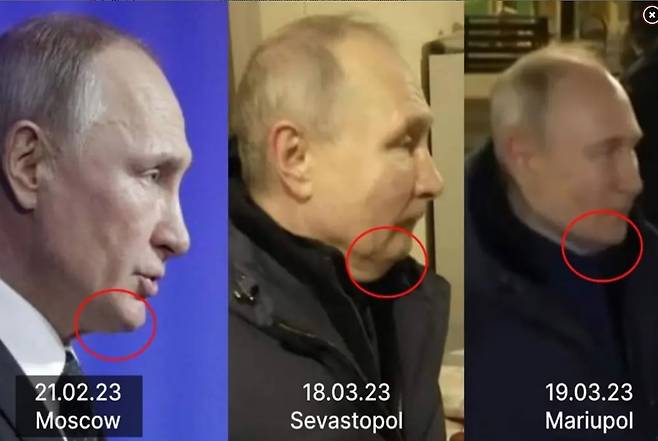 안톤 게라슈첸코 우크라이나 내무장관 보좌관은 자신의 트위터에 각기 다른 날짜에 찍힌 푸틴으로 추정되는 인물 3명의 사진과 함께 "어떤 게 진짜라고 생각하는냐"고  글을 올려 '대역 의혹'을 더욱 키웠다. 트위터 캡쳐
