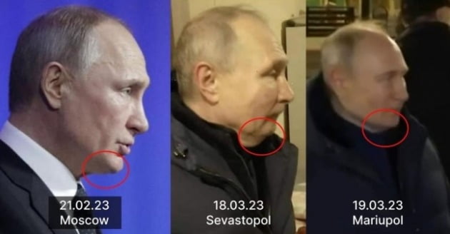 안톤 게라셴코 우크라이나 내무장관 보좌관이 20일(현지시간) 트위터에 올린 블라디미르 푸틴 러시아 대통령의 사진. 그는 푸틴 대통령의 사진 속 턱의 생김새가 다르다고 지적하며 대역 논란에 불을 지폈다. 사진=SNS 캡처