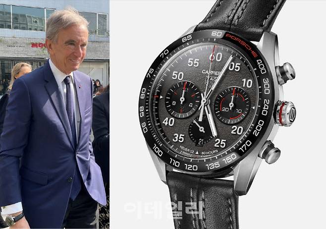 세계 최대 명품그룹 루이비통모에헤네시(LVMH) 수장 베르나르 아르노 총괄회장이 지난 20일 방한해 서울 성수동에 위치한 ‘디올 성수’를 방문했다. 오른쪽 사진은 태그호이어 까레라 포르쉐 크로노그래프 스페셜 에디션 제품. (사진=뉴스1·태그호이어)