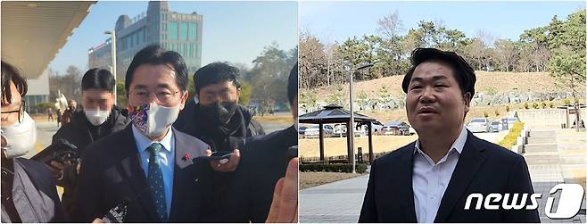 박경귀 아산시장(사진 왼쪽)과 오세현 전 시장(오른쪽)이 22일 대전지법 천안지원에서 피고인과 증인으로 만났다. (사진 왼쪽부터 박경귀 아산시장, 오세현 전 아
