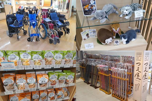 게이오백화점에서 판매하는 고령 소비자들을 위한 상품들. (왼쪽 위부터 시계 방향으로) 휠체어, 반려인형, 지팡이, 유동식 등을 판매하고 있다. 도쿄=이현주 기자