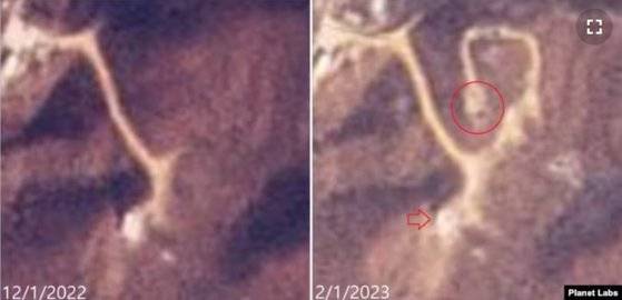 북한 동창리 엔진시험장 일대에서 지난해 12월(왼쪽) 야산이었던 지점에 지난 2월 1일 촬영 사진에선 공사(원 안)가 진행 중이다. 주변에는 말발굽 모양의 도로가 조성됐다. 화살표는 최근 북한이 고체연료 엔진시험을 실시한 시험대 장소다. VOA 화면 캡처