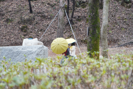 대전지방검찰청과 충남경찰청이 23일 충남 금산 월명동 JMS 수련관과 세계선교본부에서 여신도 성폭행 혐의 사건과 관련한 압수수색에 들어간 가운데, 신도들이 우산으로 얼굴을 가리며 내려가고 있다. 사진=이태희 기자