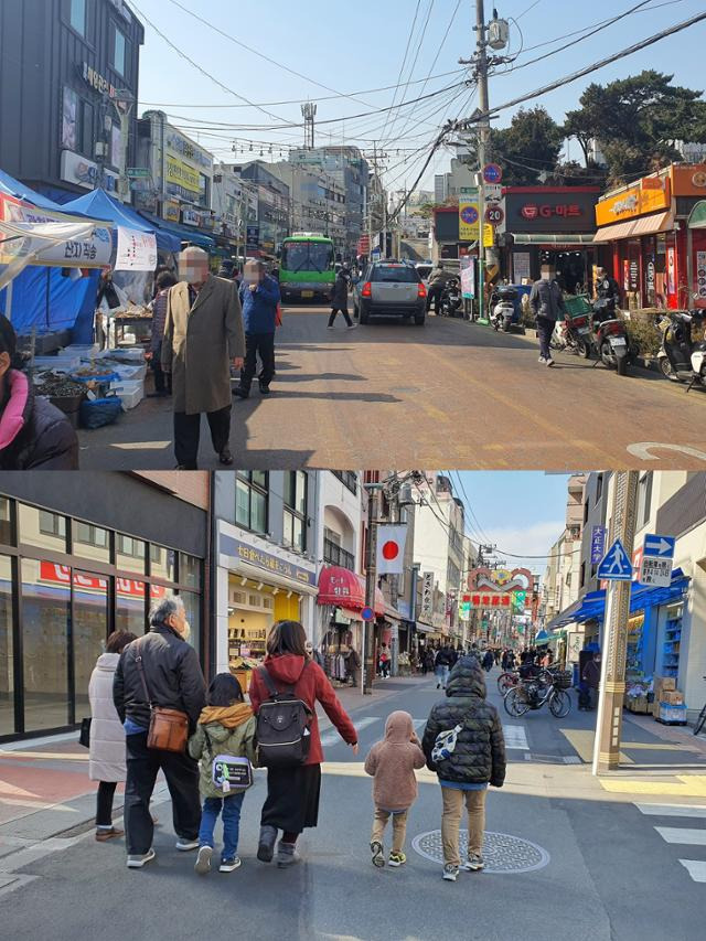 서울 동작구 성대전통시장 동편 입구(위 사진). 마을버스와 차량이 양방향으로 오가고 있어 보행자 통행이 쉽지 않은 모습이다. 반면 도쿄 스가모 거리(아래 사진)는 차가 다니지 않아 보행자들이 자유롭게 거리를 걷고 있다. 이현주 기자