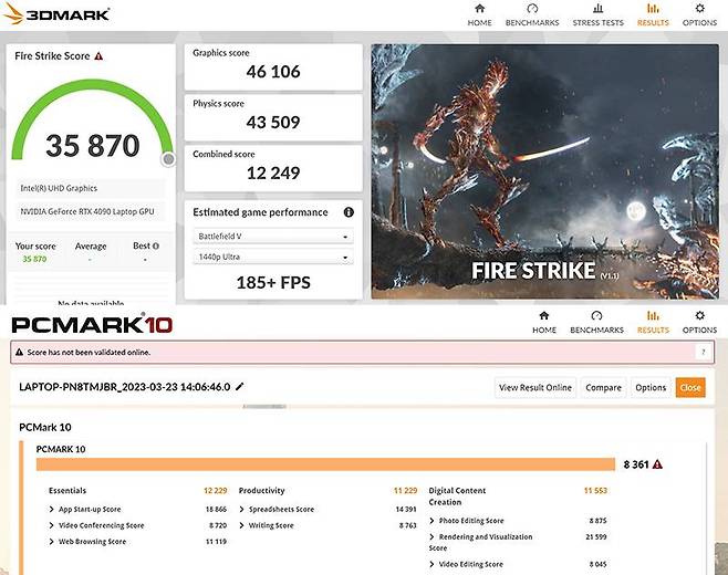 파이어 스트라이크 결과, 물리 점수가 4만3천 점대로 확인됐다. 인텔 코어 i7-13700K보다 조금 낮은 수준이다. 출처=IT동아