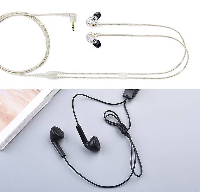 양쪽 케이블 길이에 따라 밸런스형(위)과 소문자 y형으로 나뉜다. 출처=슈어(위), 삼성전자(아래)