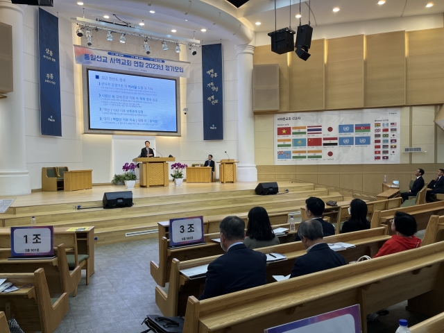 이주태 통일부 통일정책실장이 23일 서울 종로구 서대문교회에서 현재 북한 정세에 대해 설명하고 있다.