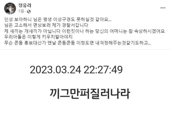 애가 셋인데 'X새끼 그만 퍼질러 낳아'…악성 댓글 공개한 정유라, 법적 대응 예고
