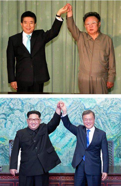 2007년 2차 남북정상회담에서 노무현 대통령과 김정일 국방위원장, 2018년 4월 판문점 평화의집에서 문재인 대통령과 김정은 국무위원장이 서로 손잡고 웃고 있다./조선일보DB