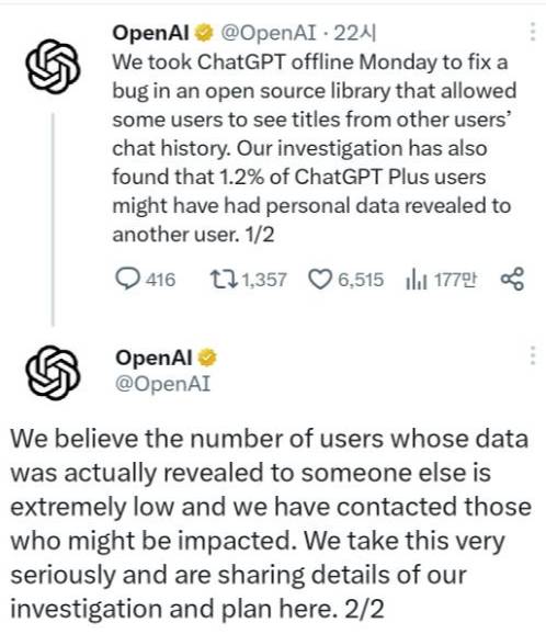 오픈AI에 따르면 유료버전 구독자 약 1.2%의 결제 관련 정보가 지난 20일(태평양 표준시간) 오전 1시~10시까지 약 9시간 동안 다른 이용자에게 노출된 것으로 나타났다. [사진=트위터 화면 캡쳐]