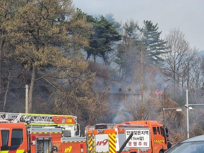 충북 옥천군 야산서 산불 [충북 옥천소방서 제공]