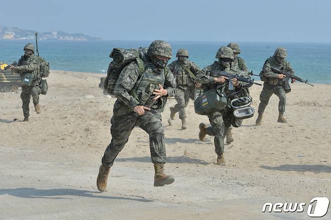 29일 경북 포항시 북구 화진리 일원에서 실시된 2023 쌍룡훈련에서 KAAV(한국형상륙돌격장갑차)로 상륙한 해병대원들이 해안 두보를 확보하고 있다.2023.3.29/뉴스1 ⓒ News1 최창호 기자