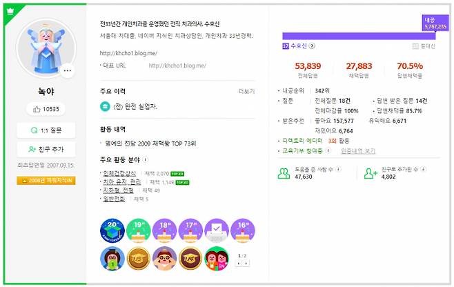 '태양신 할아버지'로 알려진 고인의 지식인 답변수는 5만3839개에 달한다. /사진=네이버 지식인