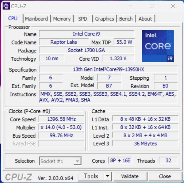 CPU-Z 앱으로 확인한 코어 i9-13950HX의 내부 사양