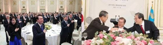 왼쪽 사진은 지난 27일 윤석열 대통령 내외가 청와대 영빈관에서 열린 재외공관장 초청 만찬에서 국기에 대한 경례를 하고 있는 모습. 대통령 내외 양 옆에는 조태용 주미 대사와 윤덕민 주일 대사가 앉았다. 오른쪽 사진은 2017년 12월 문재인 대통령이 재외공관장 초청 만찬에서 건배를 참석자들과 건배를 하고 있는 모습. 사진 왼쪽은 우윤근 주러 대사, 오른쪽은 노영민 주중대사. 사진 대통령실, 청와대