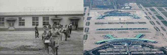 1959년 서울 여의도 국제공항에서 승객들이 비행기에 탑승하기 위해 이동하고 있다(왼쪽 사진). 현재의 인천국제공항을 상공에서 바라본 모습. 국가기록원·인천공항공사 제공