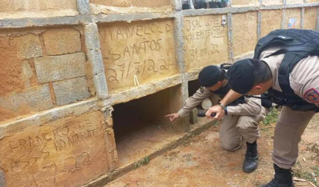 사진=브라질 경찰이 여자가 생매장됐던 아파트형 무덤을 살펴보고 있다.
