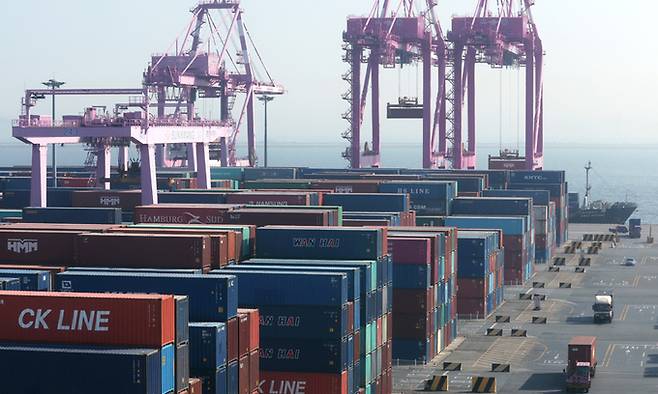 31일 인천신항에서 컨테이너 운반차량이 분주히 움직이고 있다. 뉴스1