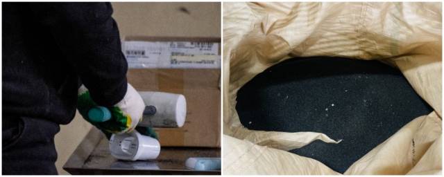 사진 1. 필터는 망치로 분해. /사진=테라사이클 사진 2. 마대에 모인 활성탄