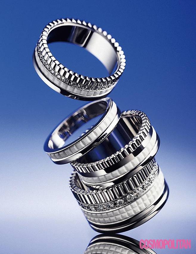 (위부터)콰트로 더블 화이트 다이아몬드 스몰 링 1천만원대, 콰트로 더블 화이트 웨딩 밴드 2백만원대, 콰트로 더블 화이트 스몰 링 5백만원대, 콰트로 더블 화이트 다이아몬드 라지 링 1천만원대 모두 부쉐론.