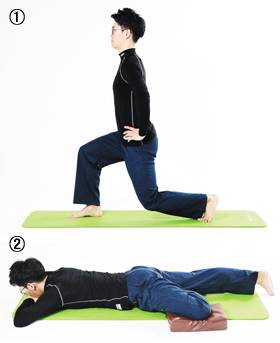 ①은 런지 운동, ②는 골반 스트레칭./사진=헬스조선DB