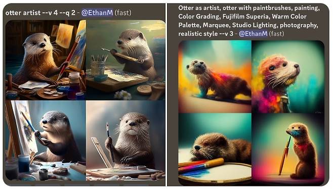 에단 몰릭 펜실베이니아대 와튼스쿨(경영학) 교수가 '수달 예술가' 이미지를 구현하기 위해 미드저니 버전4에 입력한 프롬프트(왼쪽)와 버전3에서 썼던 프롬프트. /사진=에단 몰릭 트위터 캡처